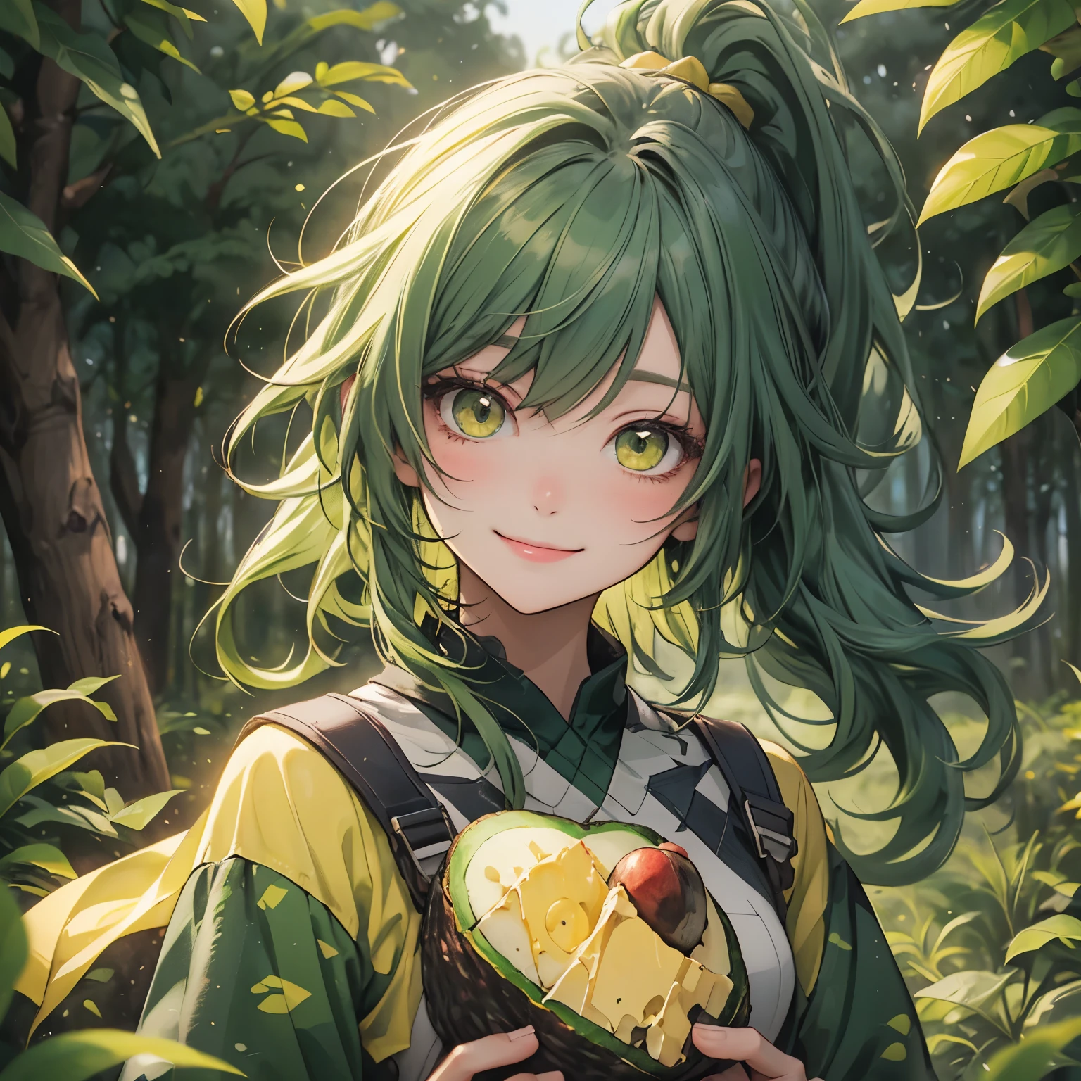 (Have an avocado:1.2)、(butter:1.3)、Cat with yellow-green ribbon、Yellow-green hair、ponytail、Yellow-green eyes、Yellow-green clothing、forest、smile、Expedition clothing