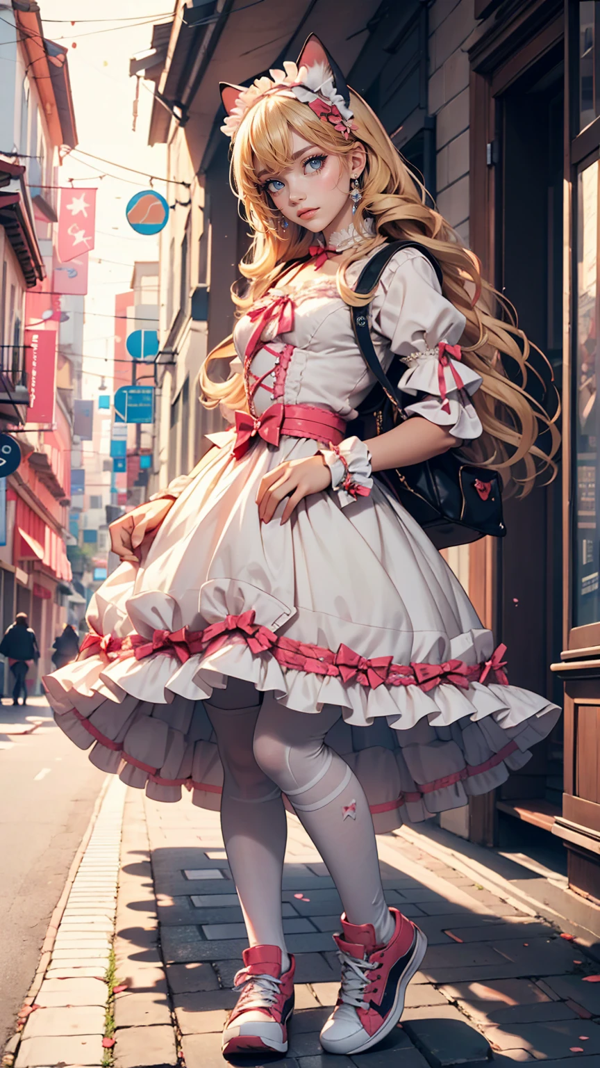 Amazing details, 8k photos, Hyperrealism, Professional Light, Realistic Background, Visual depth, Background blur, Wide-angle lens, whole body, (13 years old, cute, change, Flat Chest, Cat ear), One girl, Colored eyes, Blonde, (Lolita fashion: 1.5), (race, Frilled shirt, White petticoat, sneakers), (stuffed toy), pink cute backpack, street, fashion