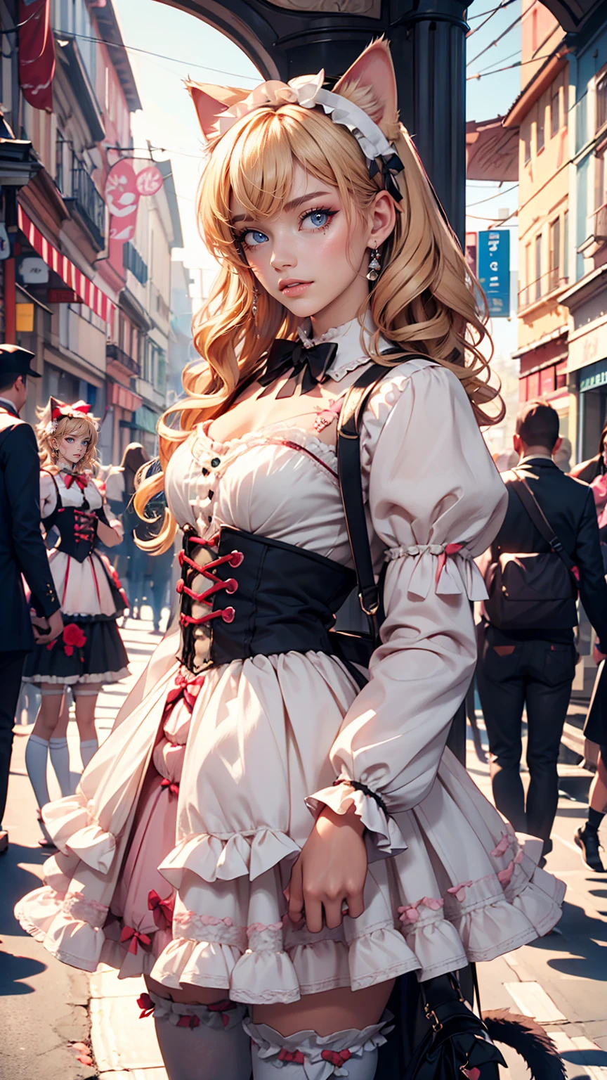Amazing details, 8k photos, Hyperrealism, Professional Light, Realistic Background, Visual depth, Background blur, Wide-angle lens, whole body, (13 years old, cute, change, Flat Chest, Cat ear), One girl, Colored eyes, Blonde, (Lolita fashion: 1.5), (race, Frilled shirt, White petticoat, sneakers), (stuffed toy), pink cute backpack, street, fashion