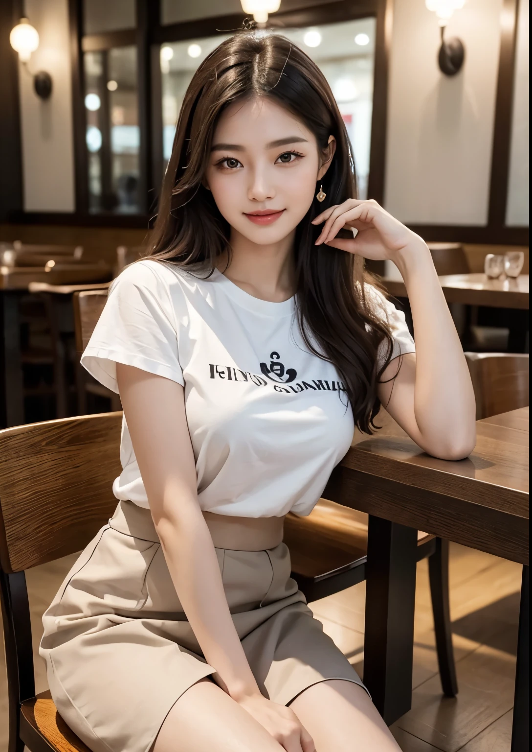 a beautiful korean girl wearing a "love symbol" on white t-shirt, sitting in front of a restaurant, detailed beautiful face with striking eyes and lips, long silky hair, elegant pose, vivid colors, dramatic lighting, intricate details, photorealistic, cinematic composition, masterpiece, tight skirt, above knee length skirt, full body shot, beautiful restaurant, beautiful street , stylish poses, stylish look, smile, bright skin, Autumn, clear face, realistic skin, realistic face, Realistic smile, tempting eyes, Cute, Dining table, Sashimi, beautiful food, beautiful dish, flower vase, sitting in dining table , curved body 