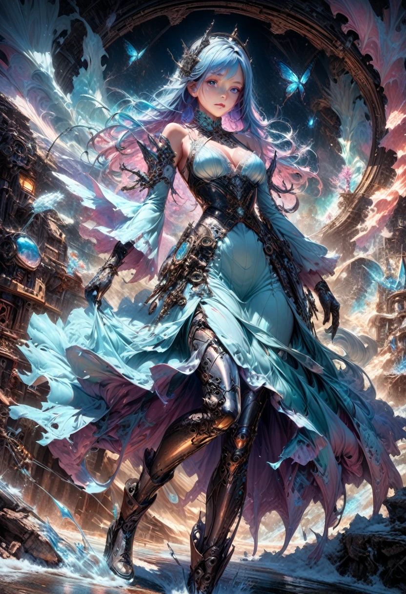 Liquid Metal, stunning cinematic full body visual of a frozen mercury lily snowy landscape with crystal snow falling from the sky but it's made of Circuitry fantasy liquid metal wave street with a metal firefly shining, Hyperrealistic, steampunk, splash art, concept art, mid shot, intricately detailed, color depth, dramatic, 2/3 face angle, side light, colorful background