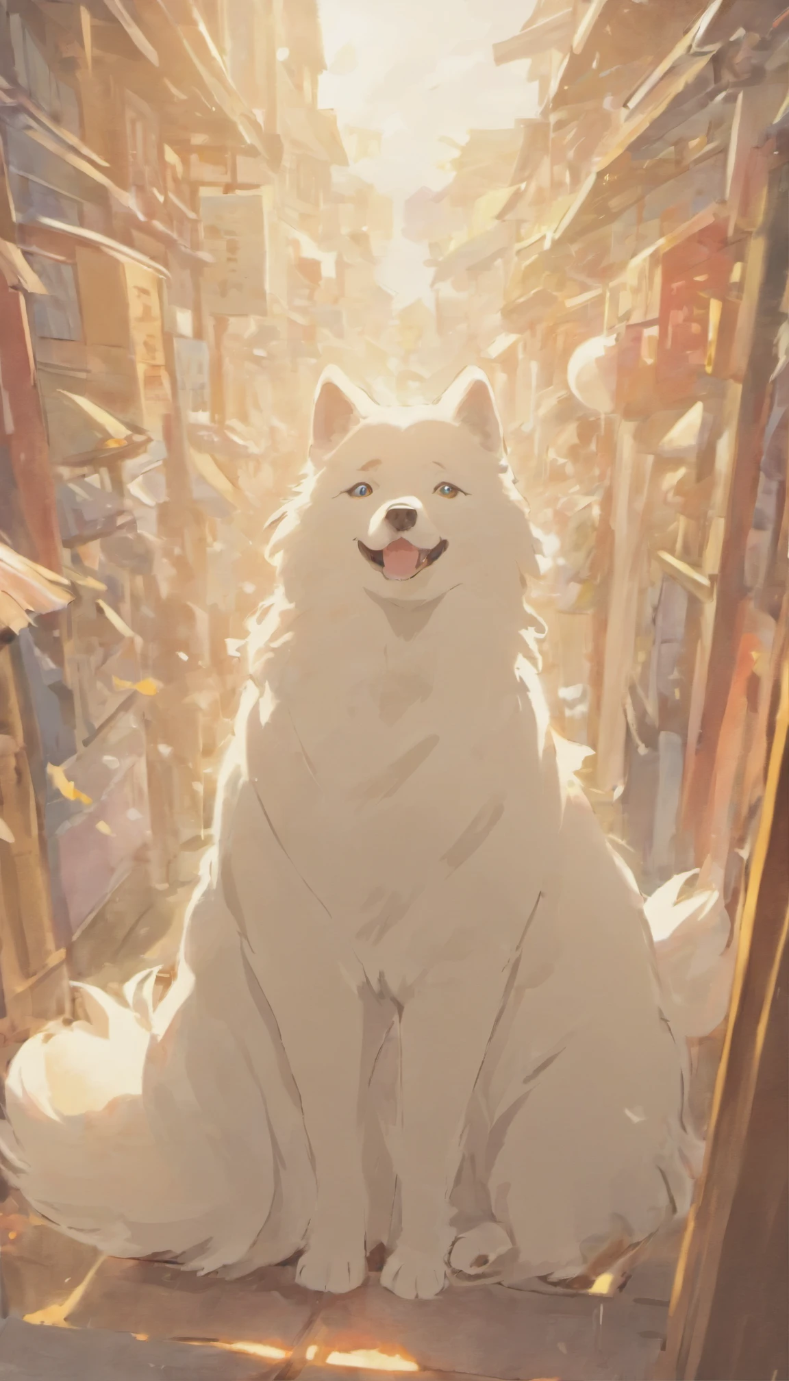 one dog,Samoyed dog,morning,Japanese animation,An illustration,high quality
