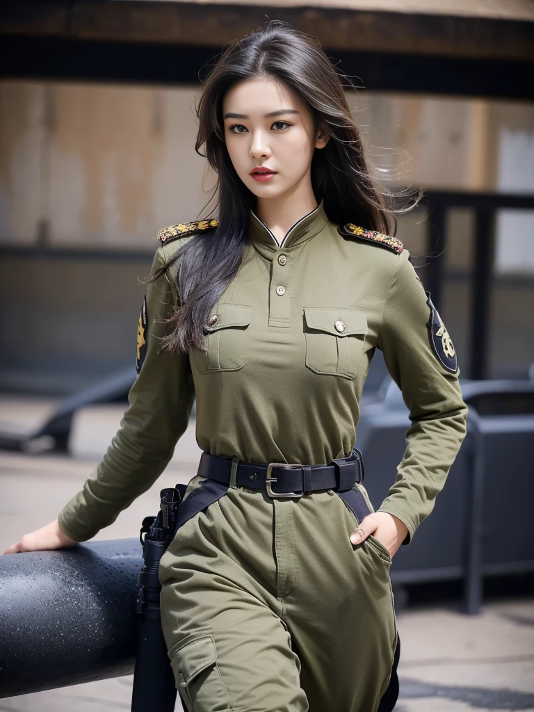 Fashion female model 18 years old ，He has a submachine gun in his hand，The firelight illuminated her face，，Divine eye，Sexy lips，high nose，Human Development Report，girl，(((沙漠迷彩Uniform)))，Uniform，Military belt，Tactical camouflage pants，Delicate face，Sexy highlighted，，Breast augmentation，Buttocks fat，The background is the Middle East battlefield，Smoke，Fire rushed into the sky，combustion，City ruins，4K Ultra HD, Ultra-high resolution, (lifelike: 1.4), best quality，masterpiece，Professional photography。