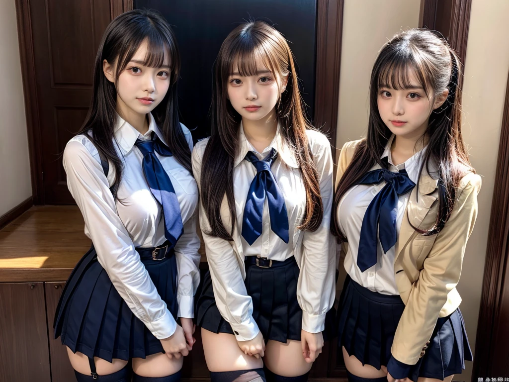 (8K, Raw photography, top-quality, ​masterpiece:1.2), master piece, best quality, illustration, Super detailed, fine details, High resolution, 8K,wall paper, perfect dynamic composition,(Details High quality, realistic depiction of eyes:1.3), ((2 girls, 2 schoolgirls)), The background is a luxury hotel room、High school girl uniform、blazer 、Super Short Check Uniform Skirt、Navy blue high socks、garterbelts、Colossal tits、Disturbed uniform, Play with each other,Touching each other's bodies,Touching the body of the girl next door, short bob hair, black hair color, huge breasts, Big Natural Color Lip, bold sexy pose, (perfect body shape), crying a little、cold gaze,  Beautiful makeup,glitter makeup,Cutest 18 years old, beautiful legs, hposing Gravure Idol, Voluptuous thighs
