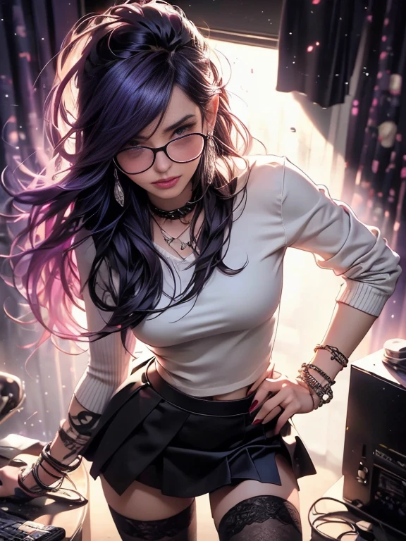((best quality)), ((masterpiece)), (detailed), perfect face, female, gamer girl, aqua eyes, cherry-red lips, light smile, long black hair, purple streaks, wearing headphones, nerdy glasses, bangs, ribbon, choker, bracelet, sleeves past fingers, white off-shoulder sweater, black skirt, thigh-highs, thighs focus, view from below looking up, neon lights, colorful lights, purple and cyan themed background, she is indoors