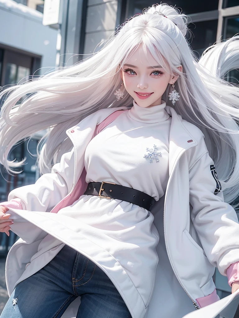 1. Beautiful woman, sweet smile, white hair, black eyes, White skin, pink mouth, Wear snowflake earrings, Black long-sleeved coat, floating waist, White sweatshirt, jeans, Blue sneakers.
