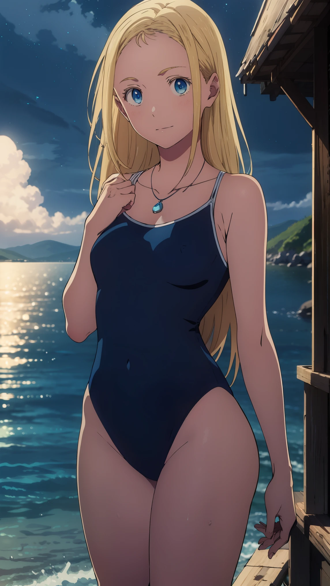 {{kofune ushio}}, {summertime render}, shining sky blue eyes, long blonde hair, medium breasts, blue one-piece swimsuit, bare shoulders, bare legs, school swimsuit,shell pendant, 1girl, solo,very aesthetic, best quality, amazing quality,curated, illustration, highly detailed, anime coloring,Night sea background
BREAK
blue Hour, (Rim Light):1.2, Soft Shadows, Vibrant colors, Painterly effect, Dream-like atmosphere 
BREAK
Beautiful sea, Calm water, reflection, Clouds illuminated by the moon, Peaceful atmosphere, Beautiful starry sky, Super detailed, Official Art, unity 8k wallpaper , (nsfw:1.3)