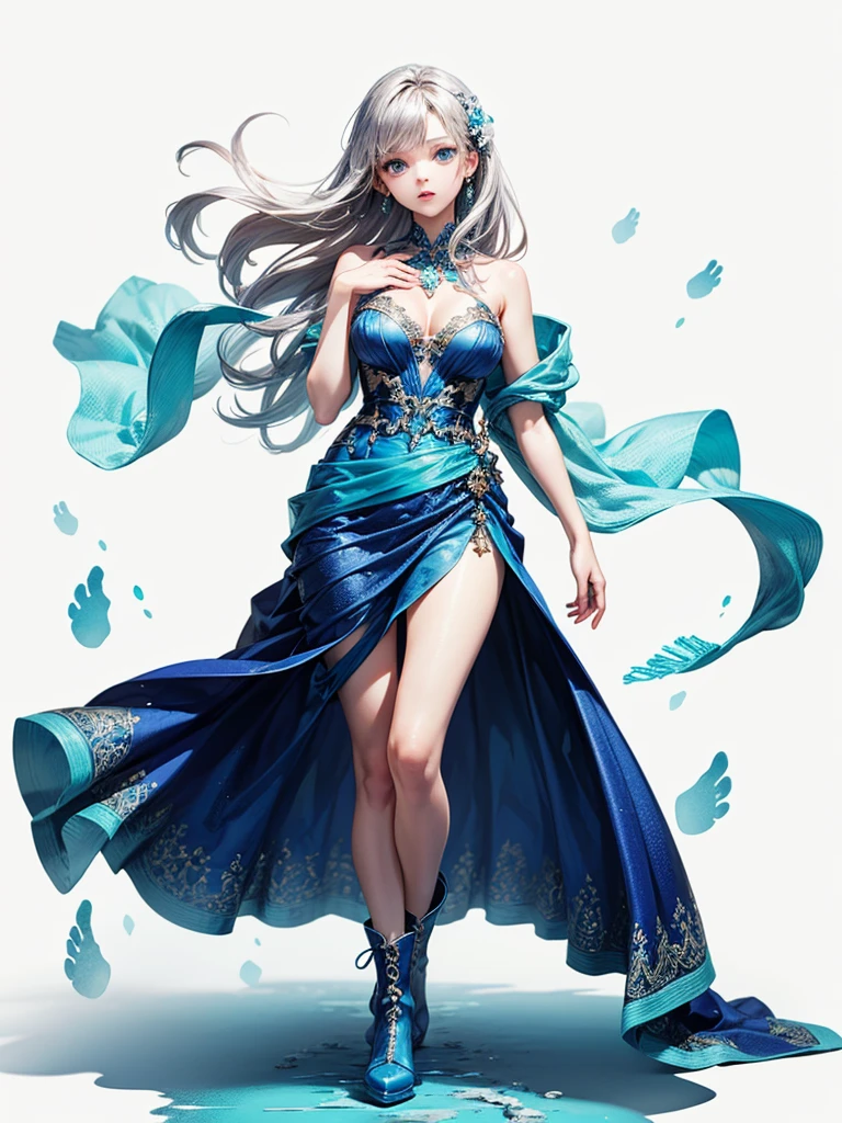(masterpiece),(highest quality:1.2),(Perfect Anatomy),Exquisite detail,((1 Girl)),Long silver hair,Small breasts,Beautiful and exquisite blue eyes,Royal blue long dress,Aqua blue short boots,Aqua blue shawl draped over shoulders,((The blue footprints continue)),(White background),look up