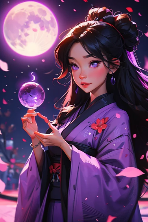 A black haired woman with violet eyes with an hourglass figure and black fox ears and a fox tail in a kimono is blushing in a flurry of purple flower petals with a purple moon