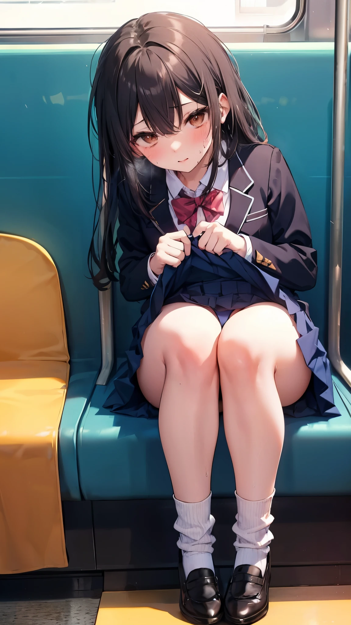 NSFW,4K,Gal:1.3,Anatomically correct,school uniform:1.3,A pure and innocent girl, Very cute face, Like an idol, (masterpiece:1.2), (high quality), panties, loose socks, Hip, Blue Skirt, alone, Blazer Type, loose socks, Lifting clothes, Brown eyes, pure gaze, mini skirt, Lift yourself up, Check skirt, blush,((Mid-chest)), (Sweating profusely), Long Hair, physical education, Beautiful legs, ((in the train))