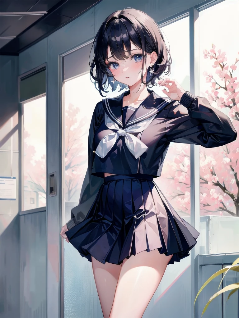 sailor uniform, school_uniform, absurdres, RAW photo, extremely delicate and beautiful, masterpiece, Best Quality, ultra high resolution, 32k, hyperrealistic, ultra-detailed, perfect figure, tearful mole, earring, whole body shot, short medium hair, wavy hair,