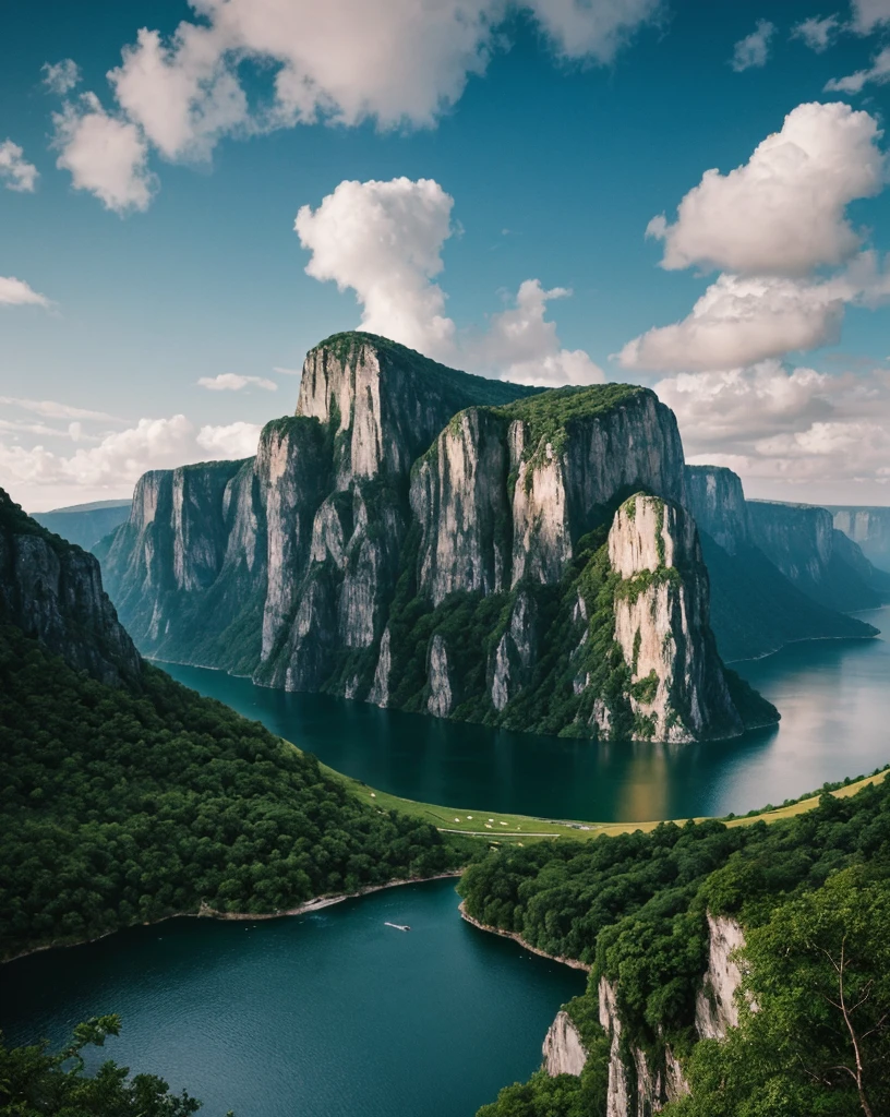 Masterpiece, ultimate quality, Cg unity 8k wallpaper, super delicate, beautiful sky and clouds, rich natural scenery, cliffs, lakes and rivers, waterfalls and flying water, beautiful green mountains, no trace of people, excellent scenery, has already won a photo contest, background Blurring, full depth of field, HDR high dynamics, true restoration, intricate, extreme details, dramatic presentation, perfectly presenting the style of midjourney art.