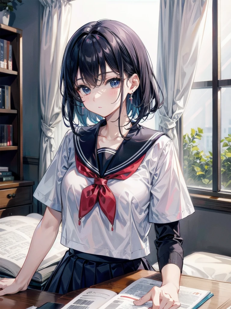 sailor uniform, school_uniform, absurdres, RAW photo, extremely delicate and beautiful, masterpiece, Best Quality, ultra high resolution, 32k, hyperrealistic, ultra-detailed, perfect figure, tearful mole, earring, whole body shot, short medium hair, wavy hair,