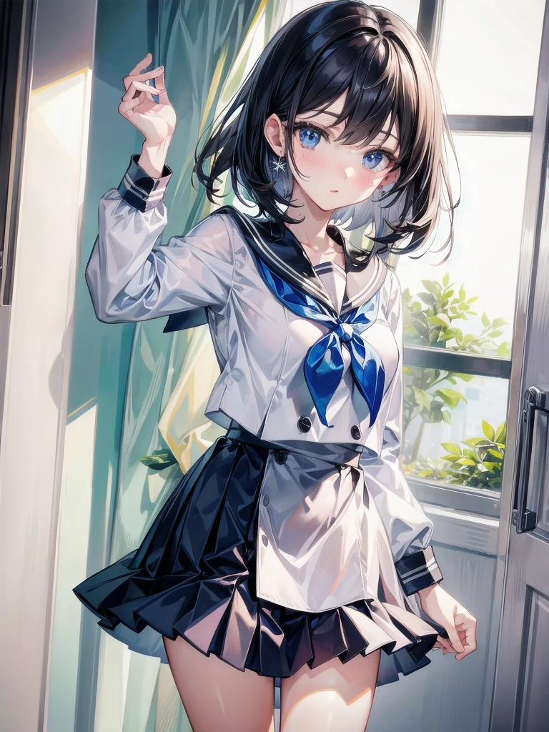 sailor uniform, school_uniform, absurdres, RAW photo, extremely delicate and beautiful, masterpiece, Best Quality, ultra high resolution, 32k, hyperrealistic, ultra-detailed, perfect figure, tearful mole, earring, whole body shot, short medium hair, wavy hair,