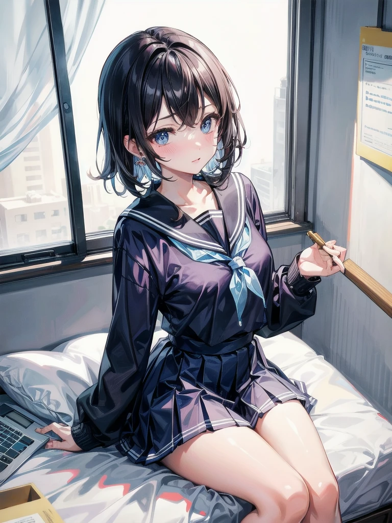 sailor uniform, school_uniform, absurdres, RAW photo, extremely delicate and beautiful, masterpiece, Best Quality, ultra high resolution, 32k, hyperrealistic, ultra-detailed, perfect figure, tearful mole, earring, whole body shot, short medium hair, wavy hair,