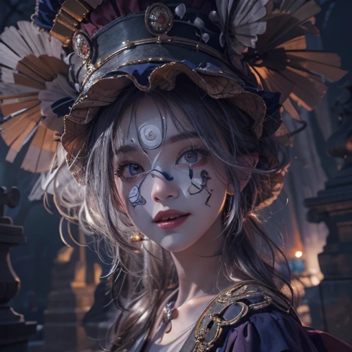 Standing in the grave、Hair flow、 ((highest quality、masterpiece、8k、Best image quality、Ultra-high resolution、Award-winning works)、(Accurate anatomy:1.1)、(Look at me and smile:1.1)、Shining fair skin with Ultra-high resolution、The most detailed face、Ultra-high resolution detailed face、Ultra-high resolutionの髪の毛、(Ultra-high resolution eye:1.1)、Beautiful face drawn in every detail、Cheerful clown costume, Chest to chest, Strange atmosphere, Ghosts flow, Dark Light, At the cemetery, Heavy makeup
