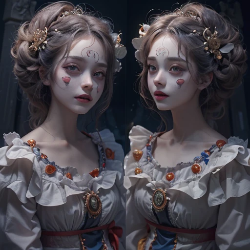 Standing in the grave、Hair flow、 ((highest quality、masterpiece、8k、Best image quality、Ultra-high resolution、Award-winning works)、(Accurate anatomy:1.1)、(Look at me and smile:1.1)、Shining fair skin with Ultra-high resolution、The most detailed face、Ultra-high resolution detailed face、Ultra-high resolutionの髪の毛、(Ultra-high resolution eye:1.1)、Beautiful face drawn in every detail、Cheerful clown costume, Chest to chest,  Strange atmosphere, Ghosts flow, Dark Light, At the cemetery, Heavy makeup 