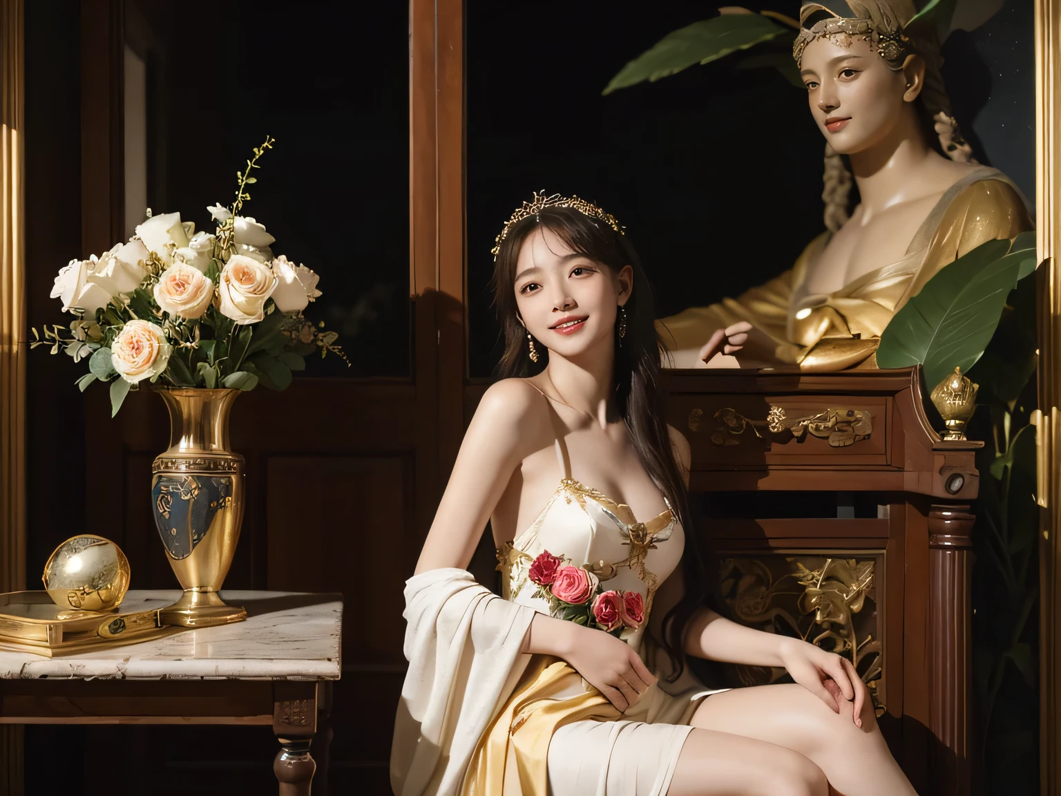 Giorgione painting style,Arguments of two female Philosophe,math、astronomical machine、astronaut、roses in vase、fruits、Cute trinkets、smile、ancient greek costume、Background is a forest lake at night 、Clothes that stretch your shoulders、A big smile、beautiful bare skin、A detailed representation of the seducing woman throughout her body.