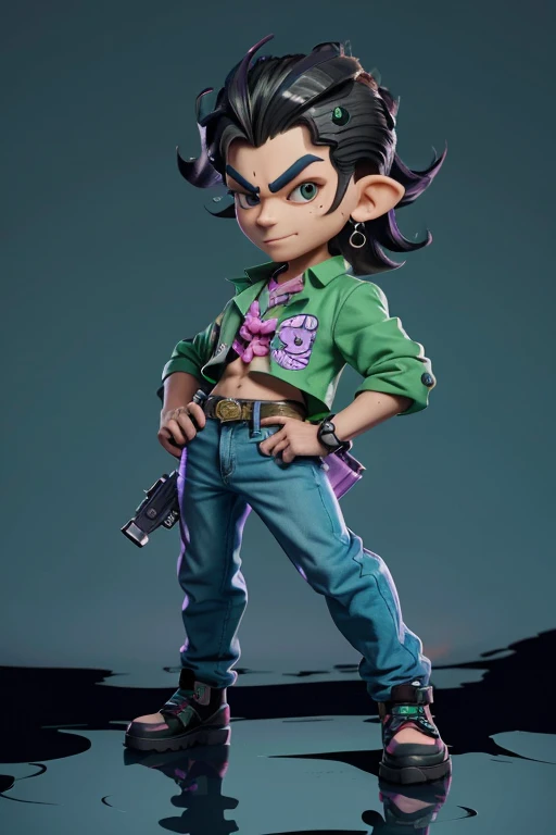(Masterpiece, best quality) Splatoon mashup illustration, 8K, Action-packed Reflections, Inkling vs. Jotaro Kujo, Splatoon Inkling with JoJo's Bizarre Adventure elements:
1.1, sharp morphological features reminiscent of Jotaro, prominent cheekbones, wavy black hair, strong jawline, and iconic star-shaped scar on his chest.
1.2, dressed in a Splatoon-style suit, the Inkling's gear blends with Jotaro's typical outfit, complete with a Hawaiian shirt, jeans, and signature red bandana.
1