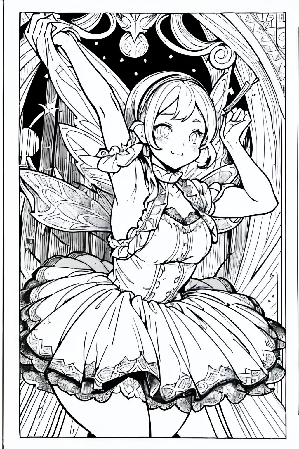 (Coloring Book, ColoringBookAF, black and white, thick lines:1.3), [:(Jubilant 23-year-old Post-Punk fairy wearing (Soft velvet dress with lace trim):1.2):2], [(Engaging in Bodyweight Exercises:1.3)], anime, ColoringBookAF, B&W