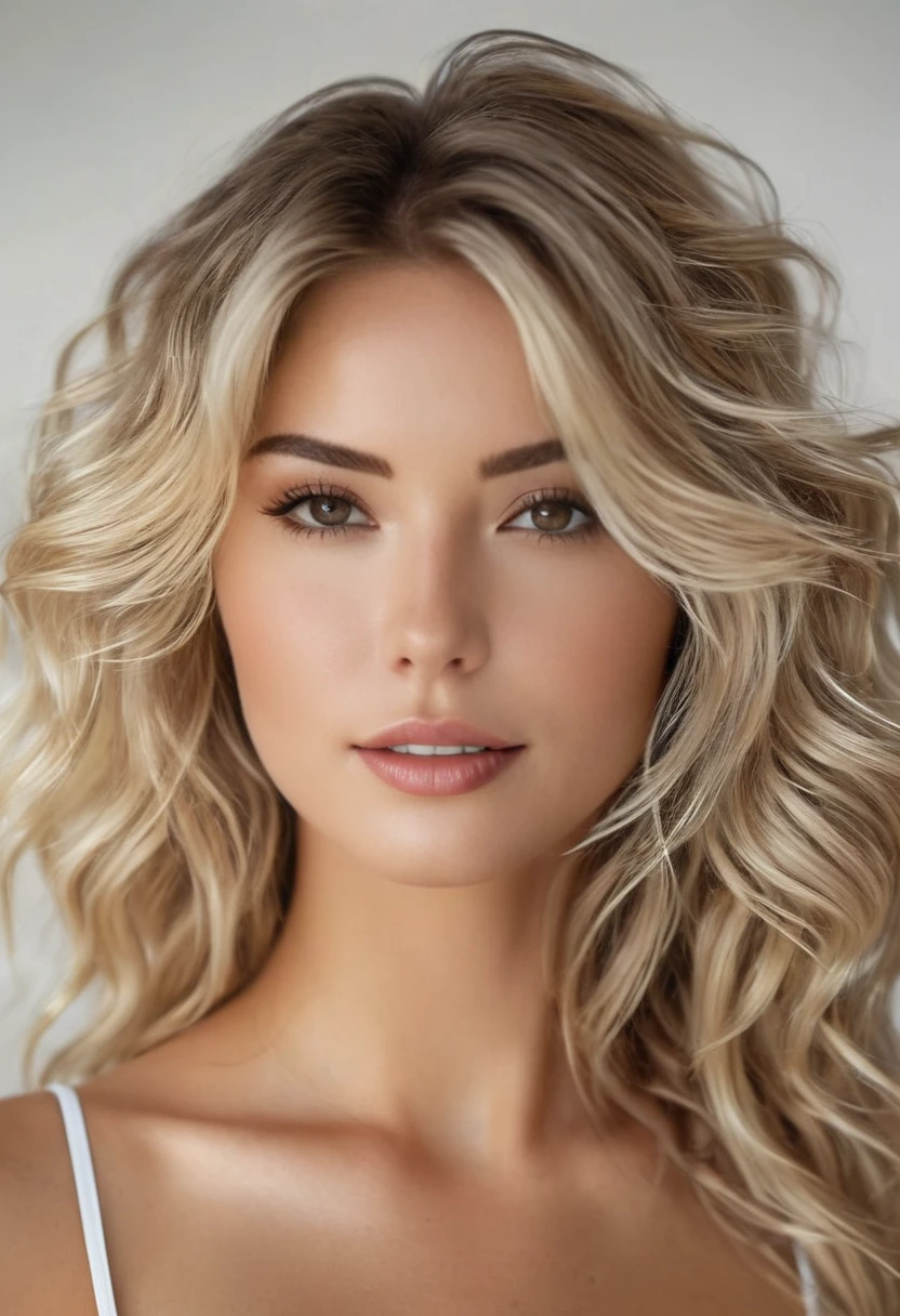full body shot of A 25 y.o. female standing in front of a plan white background, she stands slightly splayed, her arms by her side, wearing a white micro bikini, fit sexy slender body, full body shot from head to feet, character image, stylish european, long blonde wavy haired woman . She has stylish make up and luxury hair style.Nice breasts, nice abs, nice legs, Highly detailed facial features, full lips, upturned nose, best smile, realistic perfect eyes and face. Photorealistic body and face, highly detailed shiny hair and skin. Sharp focus, depth of field, lifelike textures, best shadows, best quality. Realism, photorealism, hyperrealism, vintage muted color tones, lomochrome, natural lights, cinematic lighting, contrast lighting, best quality, insanely intricate details, hdr, uhd 8k, 35 mm film, analog,Award - winning photograph, Masterpiece, 16k,hyper detailed,beautiful woman, perfect face, rule of thirds, highly detailed hair, ((detailed face)), ((detailed facial features)), (finely detailed skin), pale skin, intricate details, amazing fine detail, neutral colors, Soft front light,cinematic lighting, dramatic lighting,dappled light on face, backlight on hair, sharp focus, wide angle, film grain, dslr, raw photo, photographed on Nikon
