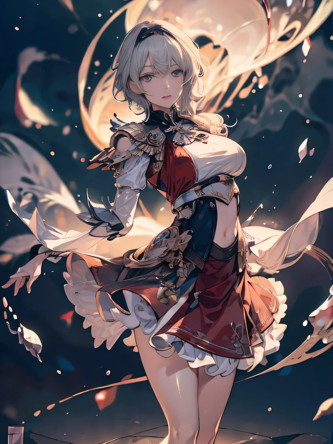 (( (masterpiece),(Very detailed CG Unity 8k wallpaper),(Bust Shot:1.5), highest quality,Cinema Lighting,Photorealistic, Detailed Background,Beautiful and beautiful eyes,Bright Eyes,(Very elegant and beautiful),(Beautifully detailed eye depiction),Very detailed,masterpiece,High resolution)), Richly decorated armor, Beautiful Female Warrior, short hair, Platinum Blonde Hair, 、Various actions、Various clothes、Red costume、Various poses、Colorful costumes、whole body、Beautiful feet