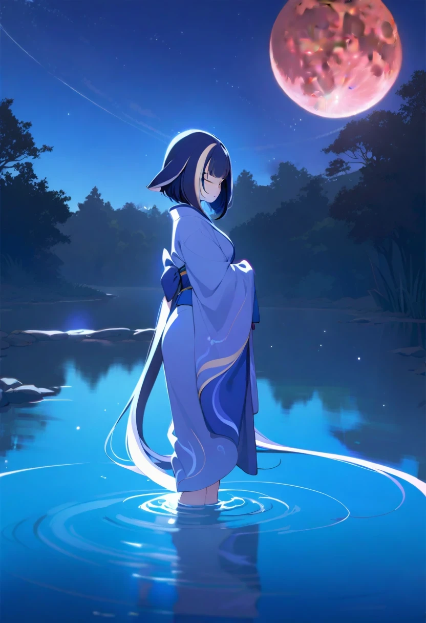 (shylily/(Twich/):1.5),(masterpiece:1.2),(best quality:1.2),(pond:0.6),(Sand road:0.4),(Lots of red flowers in bloom:0.4),(A girl:0.1), In the middle of the night, a woman wearing a kimono is standing alone on the shore of a pond with the red moon and a pond in the background, But due to the backlight of the moon, Her front is in the shadow,I can't see her expression, But only her eyes glowed red. Only narrow, A straight gravel road,Only allows people to walk to the feet of women, The rest is covered with numerous clusters of blooming Tradescantia flowers..