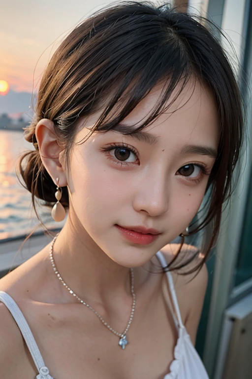 masterpiece、最high resolution、high resolution、beautiful girl、Japanese、Japanese 、Popular Korean makeup、20-year-old、round face、(Baby Face)、Droopy eyes、Big eyes、、Realistic skin、、超High resolution、(Reality 1.6)、so beautiful、A slightly younger face、Beautiful Skin、slender、(Ultra-realistic)、(An illustration)、(High resolution)、(8K)、(Very detailed)、(最高のAn illustration)、(Beautifully detailed eyes)、(Super detailed)、(wallpaper) 、(Detailed face)、Fine details、Detailed face、Realistic photos、Bright lighting、Professional Lighting、(Earrings:1.5)、、bangs,(Bob:1.5)(Low Ponytail:1.5)、(Casual clothing)、Baggy white shirt、Shorts、(barefoot:1.5)、(Smile:1.2),(Detailed full body diagram:1.5) (Excited pose)、(Orange sunset):1.7、(Seaside:1.6)Shell Necklace、