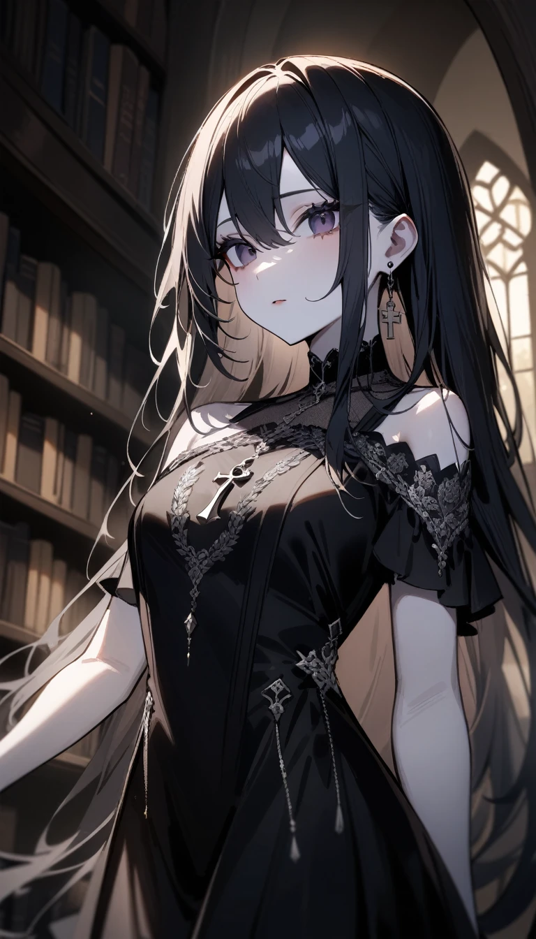 masterpiece, best quality, very aesthetic, absurdres, 1girl, beautiful, 

pale skin, striking dark eyes, long flowing raven hair, simple black dress with intricate silver embroidery, silver ankh pendant, gothic makeup, ethereal beauty, delicate features, hauntingly beautiful, an air of mystery, standing in a dimly lit library with fallen books at her feet, light shining through a gothic window

upper body, delicate features, masterpiece, best quality, very aesthetic, absurdres