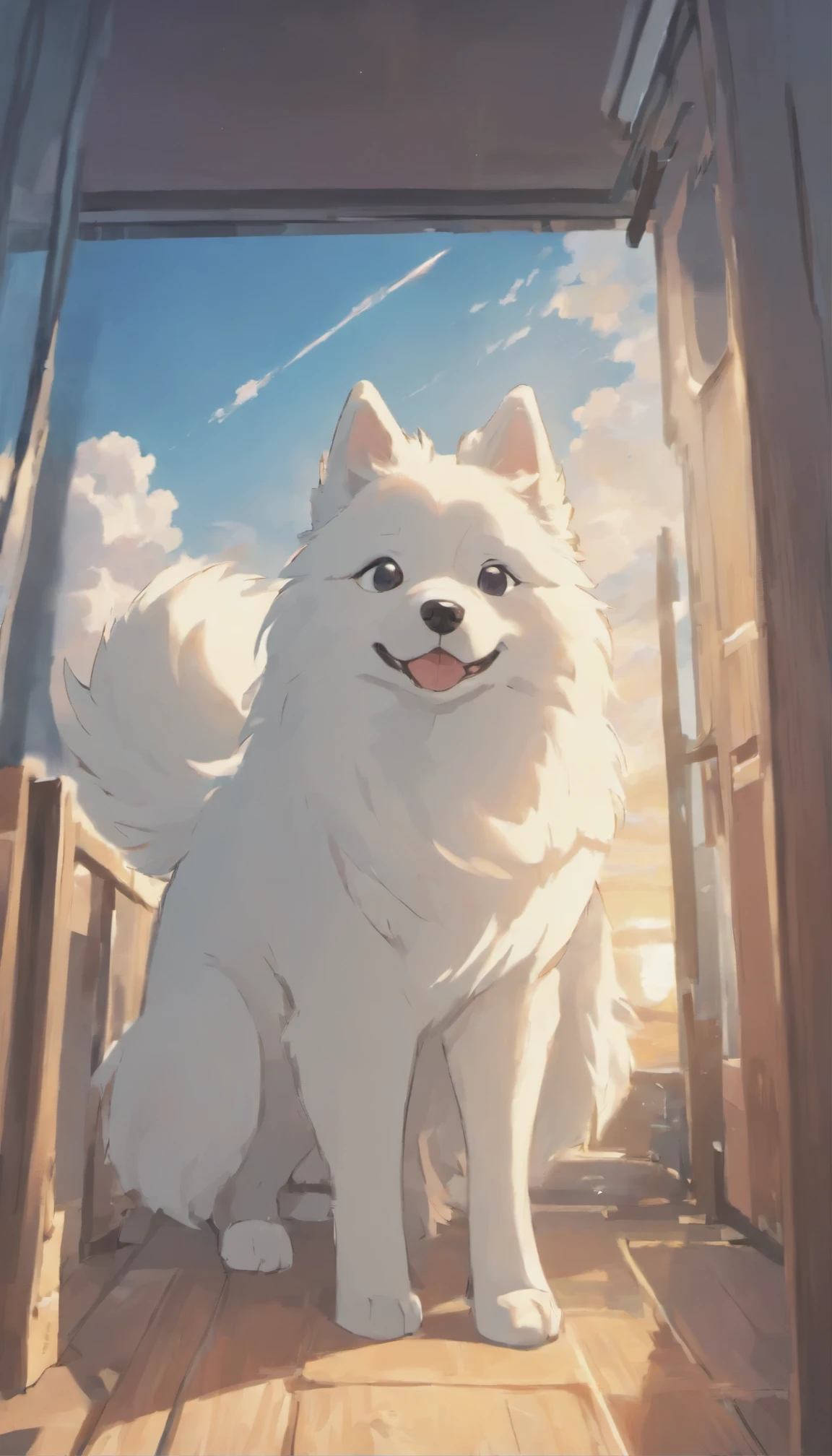 one dog,Samoyed dog,morning,Japanese animation,An illustration,high quality,morning日,blue,sunrise