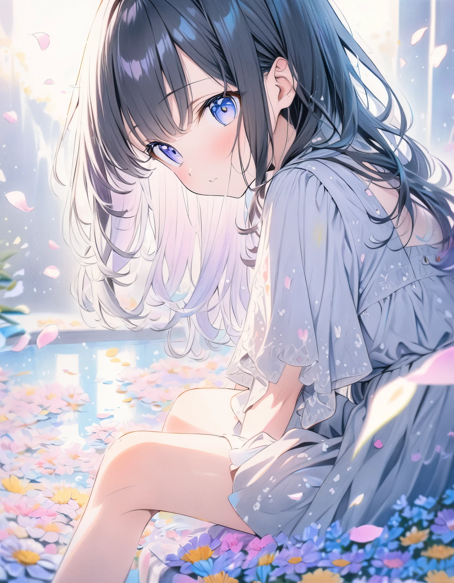 ((style:colored pencil,Pale colors)),(anime)、(masterpiece:1.2),Flower Field、Sitting girl、((Petals flutter))、cute、Light effects、reflection