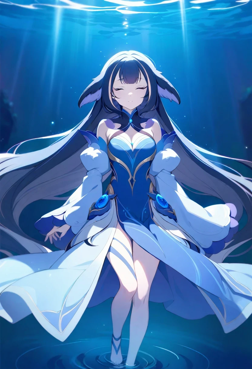 (shylily/(Twich/):1.5),(masterpiece:1.2),(best quality:1.2),Anime girl walking on water, Azure Spirit, Shadowverse Style, anime goddess, Night Core, Anime Fantasy Artwork, tranquil background, Water ripples when walking, Delicate and beautiful dress, Feet only touching the water surface