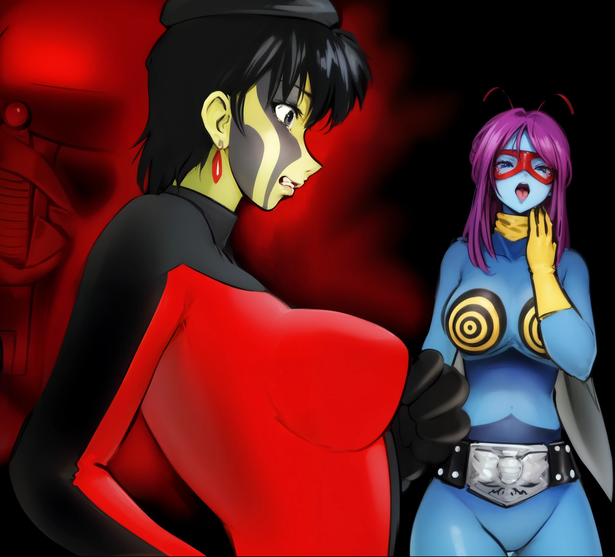 Japanese girl、Close-up of a girl in a red and black leotard、Black shiny latex suit, Wearing a belt around the waist、Saiyan Girl, wonderful, Nano Girl, Female body type, Inspired by Hiromu Arakawa, Anime Manga Robot!! Anime Girls, Fubuki, Full Body Suit, by Hiromu Arakawa、wonderful, silk, Beautiful and attractive anime , Anime Girls of the future, tears,Drooling,Pee,Sweat,Tongue out,incontinence,Peeing,Mouth open and tongue out,Estrus,Eyes wide open,Estrus,Blushing,Nipples are erect,Face is hot,Lust、Mouth wide open and tongue sticking out、incontinenceして股間が濡れています、Crying face、Droolingを垂らしている