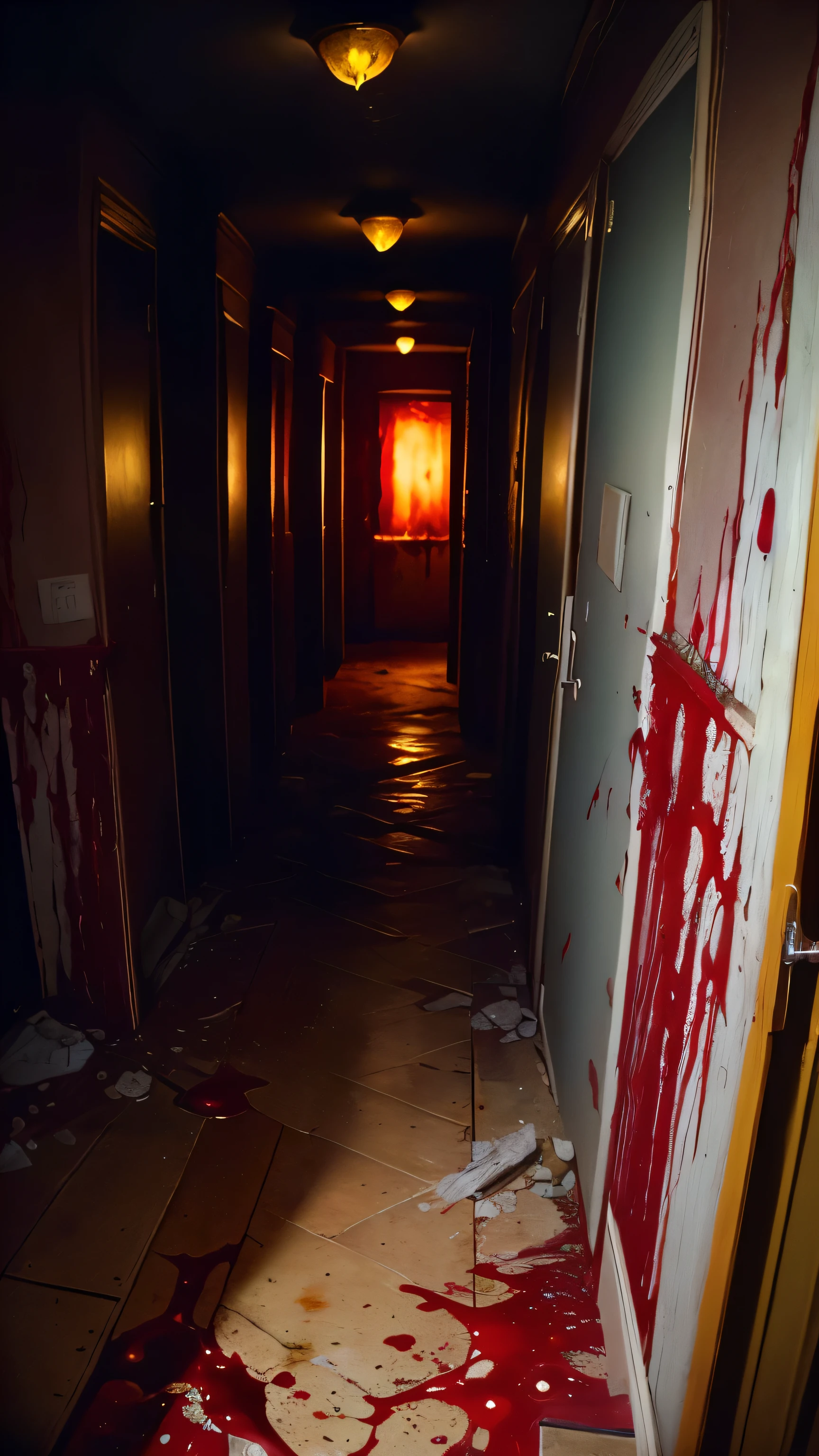 ((best quality)), ((masterpiece)), (detailed), ((the photo is taken from a dark old room, horror, blood, more blood