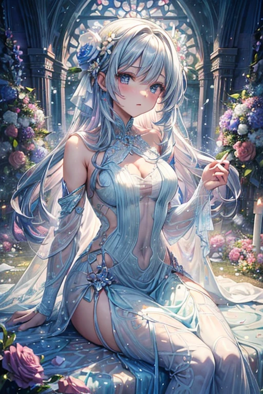 Woman in see-through white dress sitting in flower field, Ethereal and dreamy, Ethereal beauty, a stunning young Ethereal figure, dreamy and Ethereal, white hime cut hairstyle, Ethereal!!!!!!!, Ethereal fairytale, Beautiful maiden, pale snow-white skin, Ethereal!!!, by Torii Kiyomoto, fairycore, very Ethereal, extremely beautiful and Ethereal、there is a bouquet of Flowers that is sitting on a chair, colourfull Flowers bouquet, bouquets, ❤🔥🍄🌪, bouquet, colorful Flowers, Bright and soft colors, colorful pastel, Bright pastel colors, Bright pastel colors, in pastel colors, colourfull pastel, beautiful Flowers, beautiful colourfull, Flowers!!!!, colourfull, In beautiful colors, 🌸 🌼 💮、Woman in blue dress standing on wall, translucent dress, transparent gray dress, sexy gown, with a thin waist, long gown, long-one-piece dress female, Full length view, fantasy dress, low cut dress, opened dress, wearing long gown, see through dress, fantasy long intricate gown, long-one-piece dress, gown, wearing an evening gown, femme, gorgeous woman