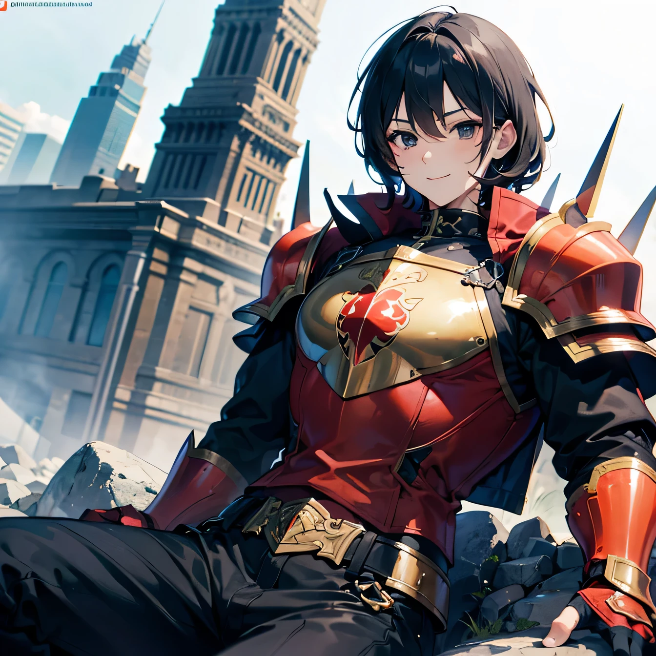 Anime art style,highest quality,High resolution,Anatomically correct,One Man,good looking,Twenty generations,Black Hair,Black Eyes,Super detailed,Fantasy worldview,Spiky Hair,Tun-tsun Hair,Focus on the upper body,Brave,Slender build,Red long coat,Simple armor,Metal breastplate,Black trousers,smile,Sitting on a rock,8K