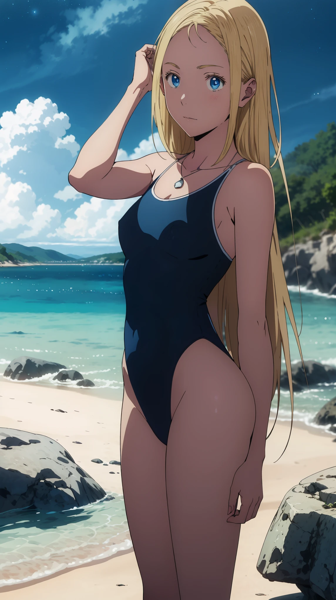 {{kofune ushio}}, {summertime render}, shining sky blue eyes, long blonde hair, medium breasts, blue one-piece swimsuit, bare shoulders, bare legs, school swimsuit,shell pendant, 1girl, solo,very aesthetic, best quality, amazing quality,curated, illustration, highly detailed, anime coloring,Night sea background
BREAK
blue Hour, (Rim Light):1.2, Soft Shadows, Vibrant colors, Painterly effect, Dream-like atmosphere 
BREAK
Beautiful sea, Calm water, reflection, Clouds illuminated by the moon, Peaceful atmosphere, Beautiful starry sky, Super detailed, Official Art, unity 8k wallpaper , (nsfw:1.3)