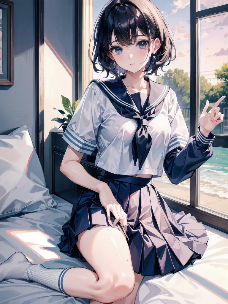 sailor uniform, school_uniform, absurdres, RAW photo, extremely delicate and beautiful, masterpiece, Best Quality, ultra high resolution, 32k, hyperrealistic, ultra-detailed, perfect figure, tearful mole, earring, whole body shot, short medium hair, wavy hair,