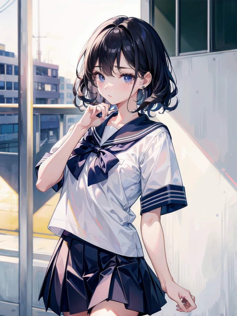 sailor uniform, school_uniform, absurdres, RAW photo, extremely delicate and beautiful, masterpiece, Best Quality, ultra high resolution, 32k, hyperrealistic, ultra-detailed, perfect figure, tearful mole, earring, whole body shot, short medium hair, wavy hair,