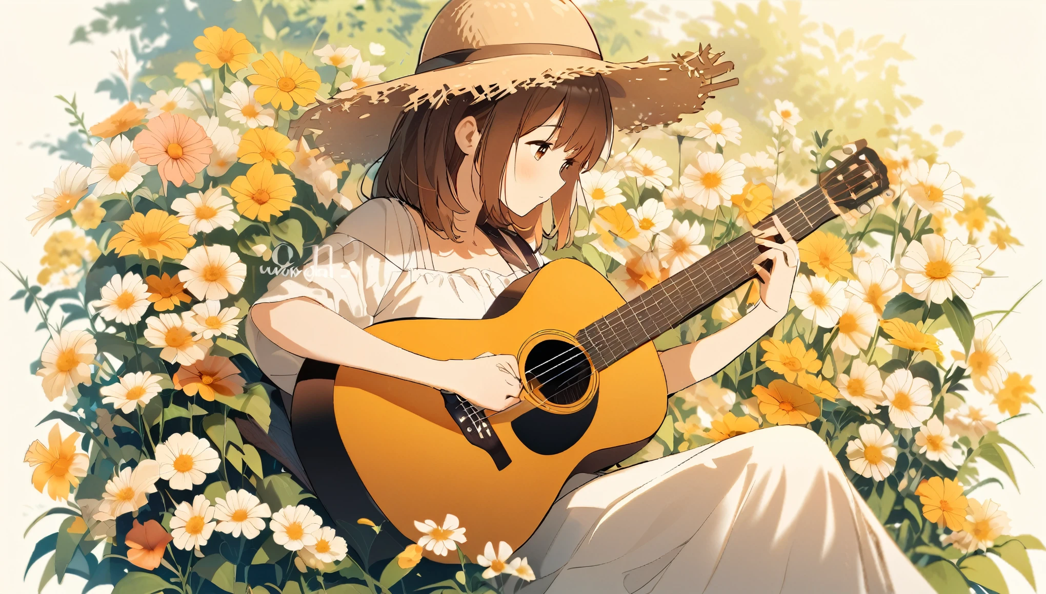 One girl, Acoustic guitar, Playing Guitar, watermark, alone, Sitting, nature, Straw hat, Brown Hair ,  (flower background), flower