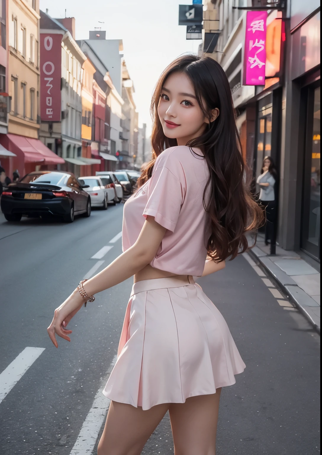 a beautiful Korean girl wearing a " DOUBLE HEART SYMBLE" on pink t-shirt, standing in front of a restaurant and street, detailed beautiful face with striking eyes and lips, long silky hair, elegant pose, vivid colors, dramatic lighting, intricate details, photorealistic, cinematic composition, masterpiece, tight skirt, above knee length skirt, full body shot, beautiful restaurant, beautiful street , stylish poses, stylish look, smile, (rose on hand), (standing), bright skin, bright face, Autumn, clear face, realistic skin, realistic face, Realistic smile, tempting eyes, Cute, pink Lamborghini car, autumn streets, day light, mobile phone, pink rose on hair, pink shops, pink paint