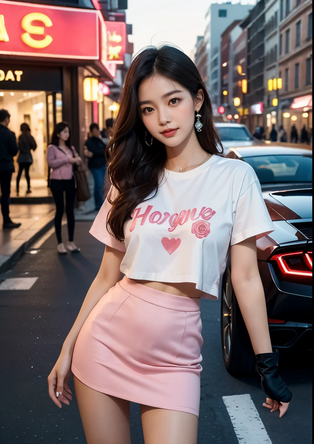 a beautiful Korean girl wearing a " DOUBLE HEART SYMBLE" on pink t-shirt, standing in front of a restaurant and street, detailed beautiful face with striking eyes and lips, long silky hair, elegant pose, vivid colors, dramatic lighting, intricate details, photorealistic, cinematic composition, masterpiece, tight skirt, above knee length skirt, full body shot, beautiful restaurant, beautiful street , stylish poses, stylish look, smile, (rose on hand), (standing), bright skin, bright face, Autumn, clear face, realistic skin, realistic face, Realistic smile, tempting eyes, Cute, pink Lamborghini car, autumn streets, day light, mobile phone, pink rose on hair, pink shops, pink paint