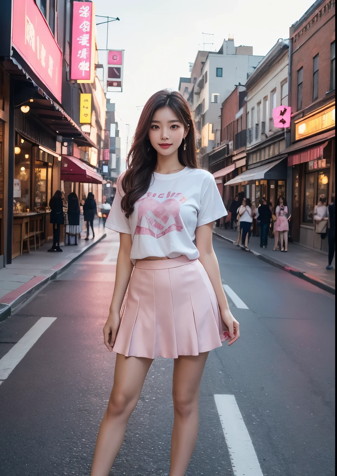a beautiful Korean girl wearing a " DOUBLE HEART SYMBLE" on pink t-shirt, standing in front of a restaurant and street, detailed beautiful face with striking eyes and lips, long silky hair, elegant pose, vivid colors, dramatic lighting, intricate details, photorealistic, cinematic composition, masterpiece, tight skirt, above knee length skirt, full body shot, beautiful restaurant, beautiful street , stylish poses, stylish look, smile, (rose on hand), (standing), bright skin, bright face, Autumn, clear face, realistic skin, realistic face, Realistic smile, tempting eyes, Cute, pink Lamborghini car, autumn streets, day light, mobile phone, pink rose on hair, pink shops, pink paint