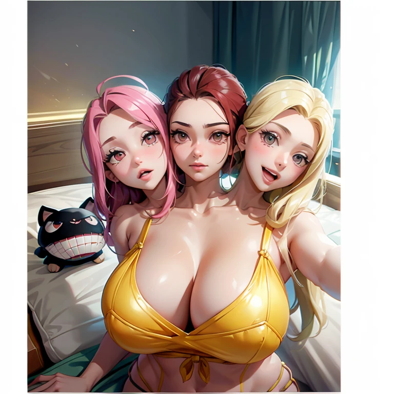 Three heads, 3head, three women in a bed with a pink sheet, real size, grueso, 3 cabezas, red hair, short hair, Busto, Deep forgery, 3/4 Busto, realmente realista, really large Busto, parece realista, 18 years, very muy muy realista, 1 8 son, Bustoy, big Busto, muy muy realista, alexa gracia, memes, venusbody
