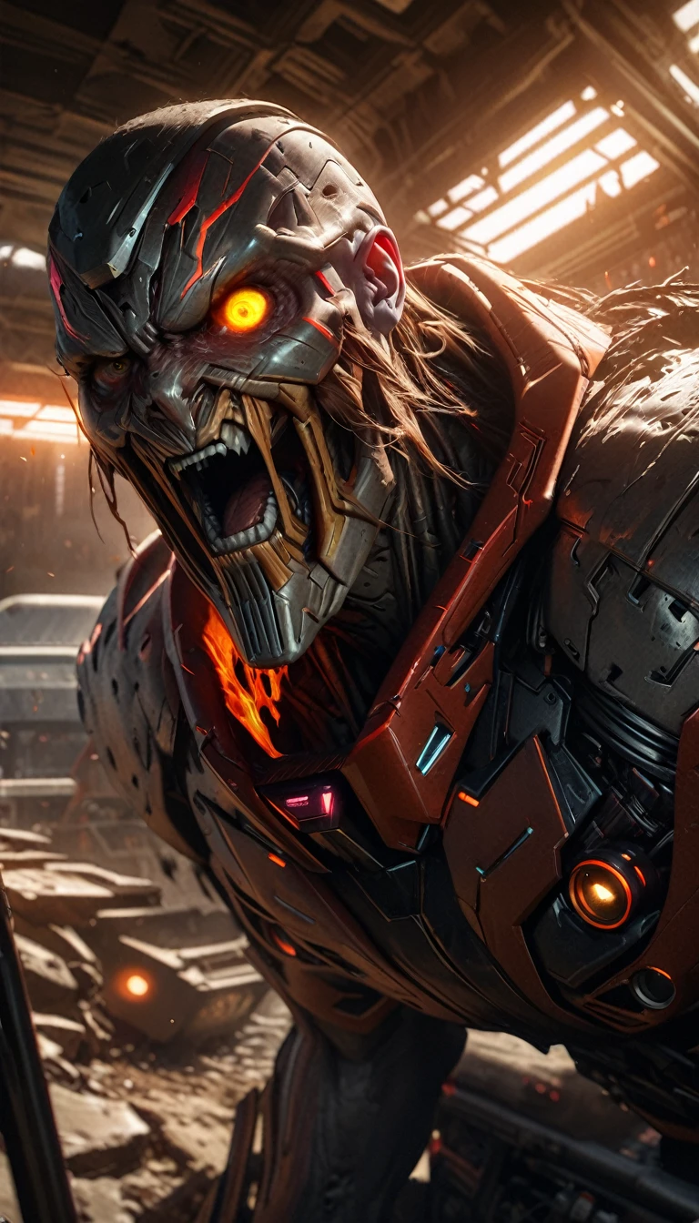 a close up of a robot in a building with a sunglasses on, cyberpunk flame suit, cyberpunk armor, cyberpunk suit, sci - fi suit, intricate cyberpunk armor, cybernetic fire armor, a large titan face, attack on titan, ultra detailed, highly realistic, photorealistic, 8k, 4k, hyper-realistic, realistic skin texture, extremely detailed facial features, piercing eyes, sharp nose, full lips, detailed musculature, intimidating expression, dark brooding atmosphere, dramatic lighting, moody shadows, cinematic composition, gritty, dystopian, dark fantasy