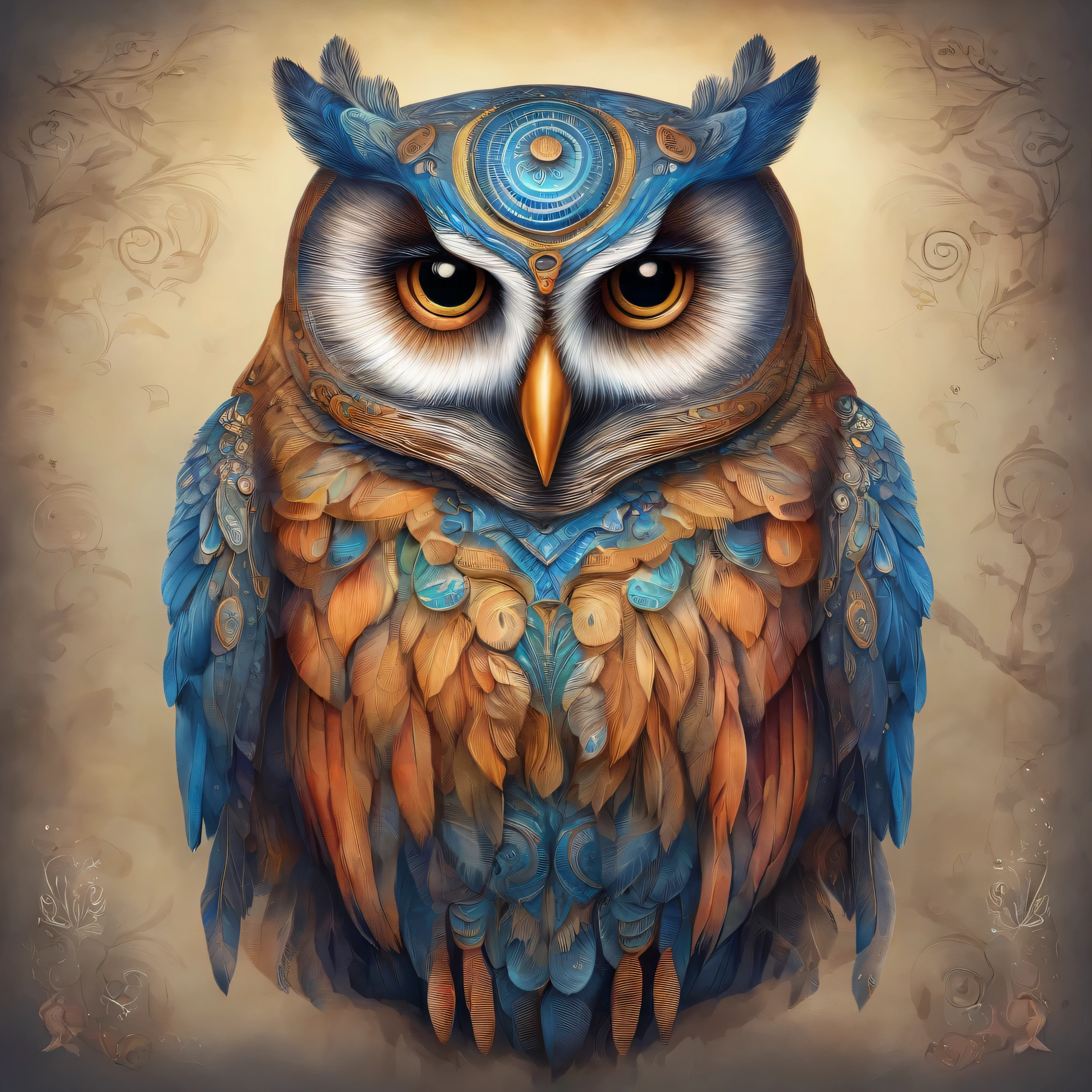 uma pintura digital de uma coruja com olhos azuis, Unrealistic engine rendering + uma deusa, Very specific, beeple global illumination, joias ornamentadas elaboradas, Trends in CGISOCIETY, Motion Graphics, Rossdraws Global Lighting, cgsociety