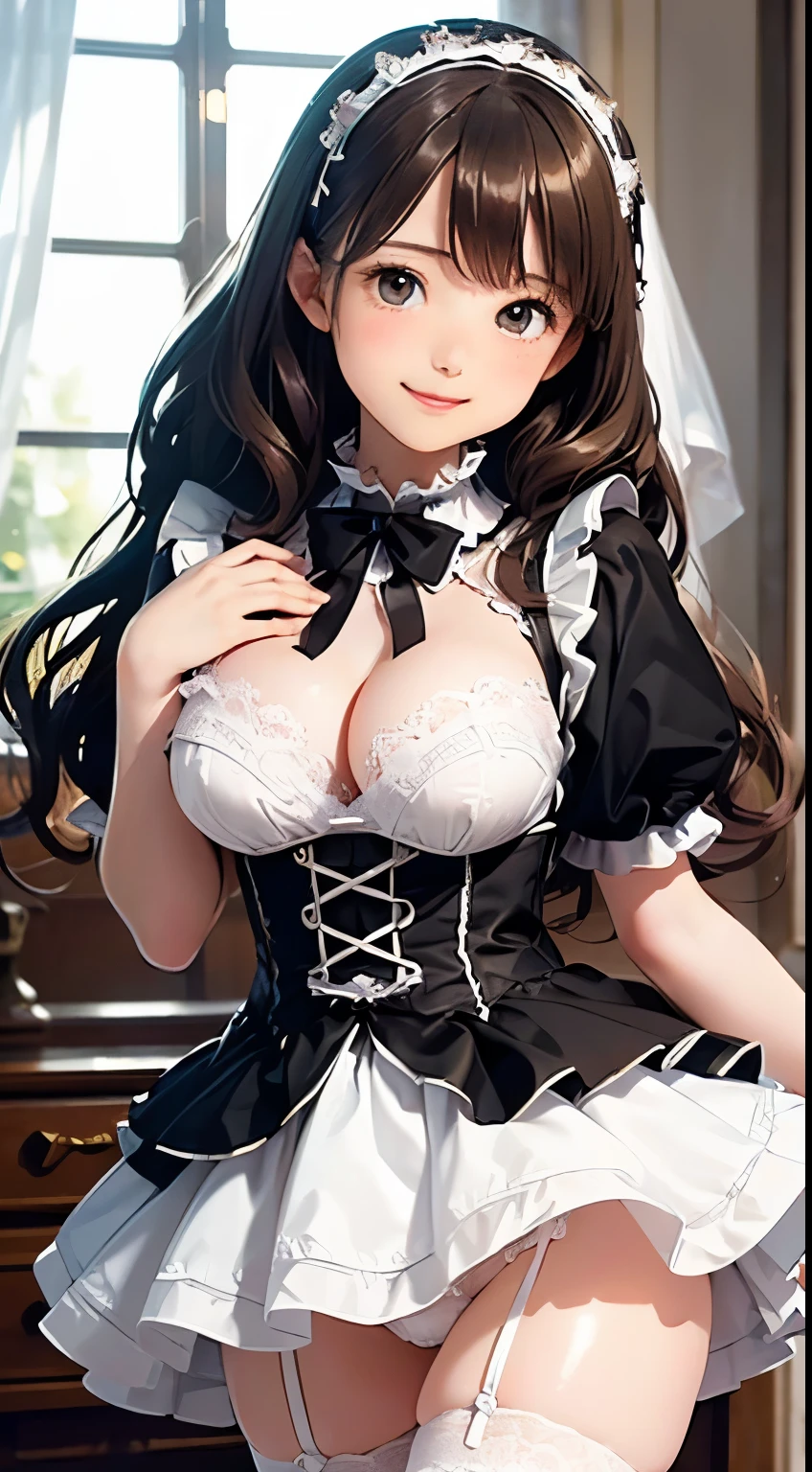 masterpiece,8K,Highest quality,Backlight,Natural Cheeks,((smile)),White skin: 1.2, (Glossy lips: 1.4), ((18-year-old)),((Pure and cute girl:1.3)), (Wavy long hair), (Light brown hair:1.2), lace skirt,female orgasm, ((ta fashion)),(panties shot), (((huga breasts))),(cameltoe),(((Rococo bedroom)))