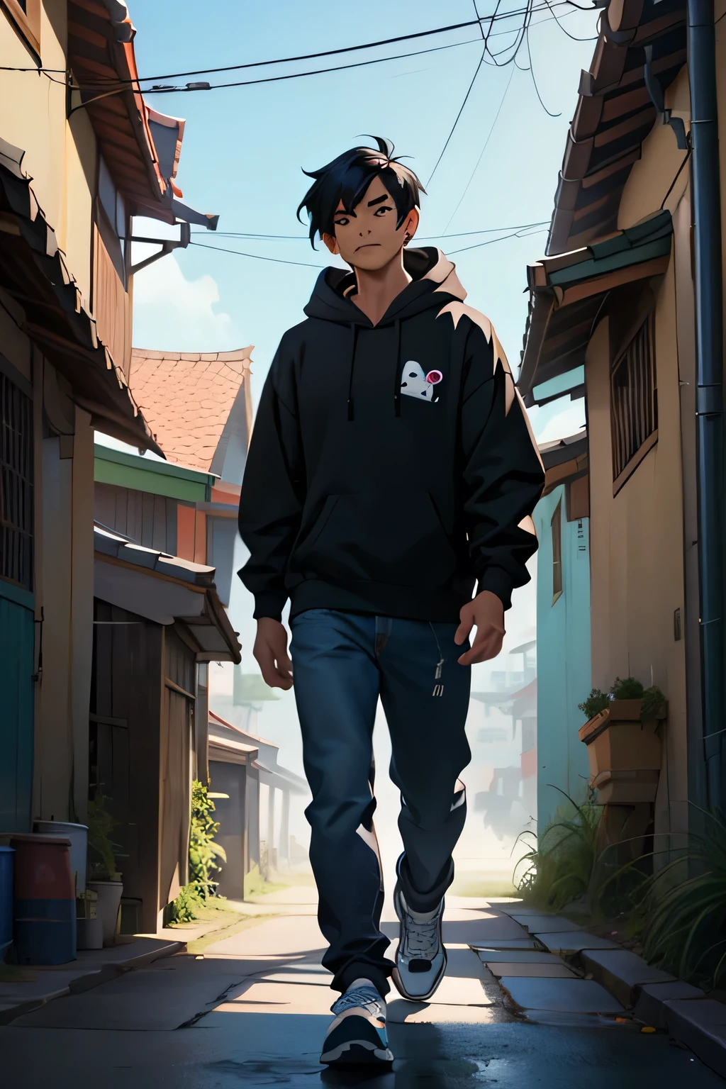 A man wearing hoodie, late 20s , asian, disney pixar style character, black hair, walking in road with grass underneath, detail face and eyes, full body dynamic pose, ,