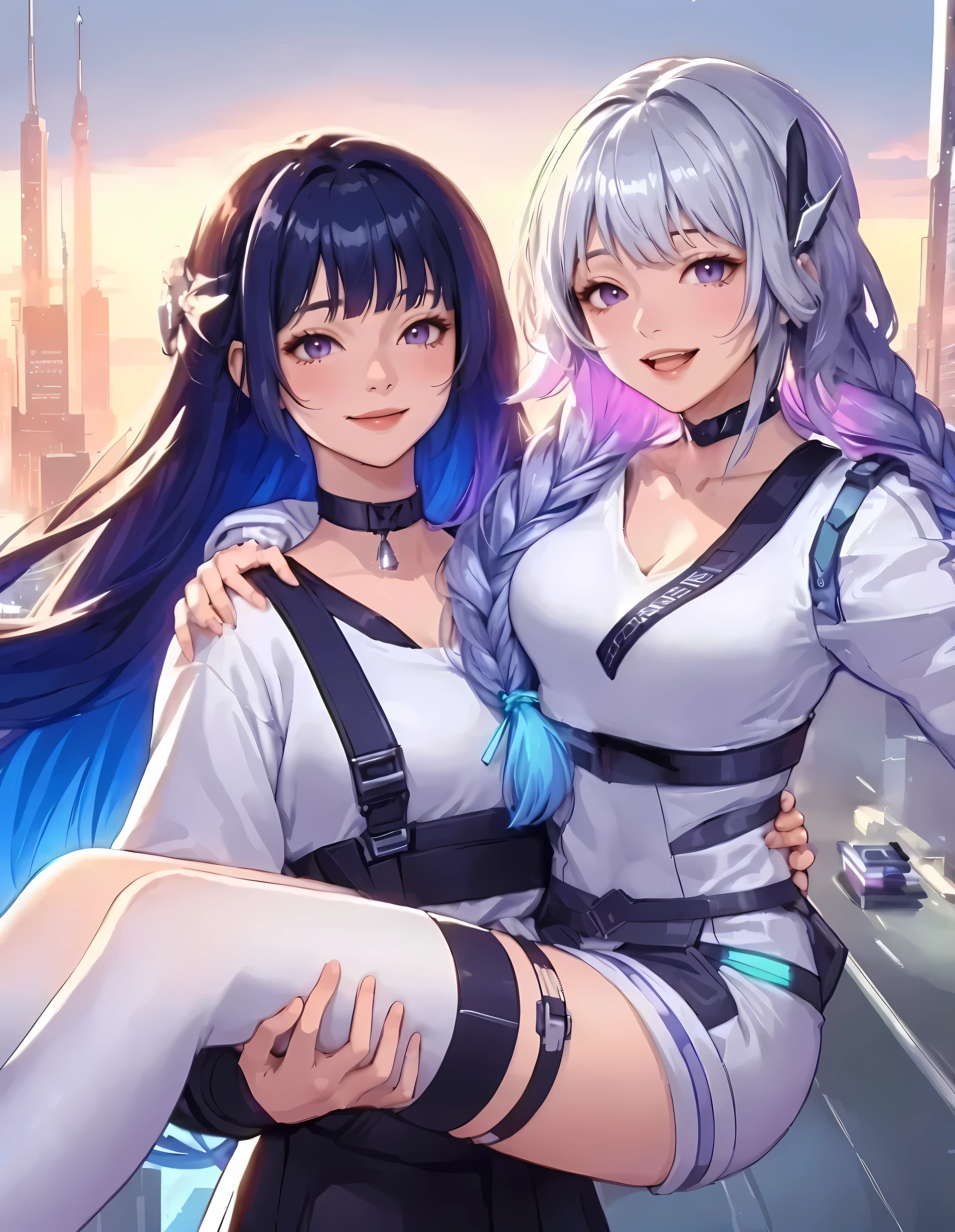 2ladies, (1lady princess-carrying the other), standing, (futuristic costume) stylish, mature female, (masterpiece best quality:1.2) delicate illustration ultra-detailed, large breasts BREAK 1lady, (silver long hair), twin braid, (gradient hair) purple, blush happy smile, (open mouth), purple eyes BREAK 1lady, (dark blue straight hair) bangs, (gradient hair) green, (kind smile) BREAK (futuristic city) outdoors, at dusk, soft lighting, science fiction, detailed background