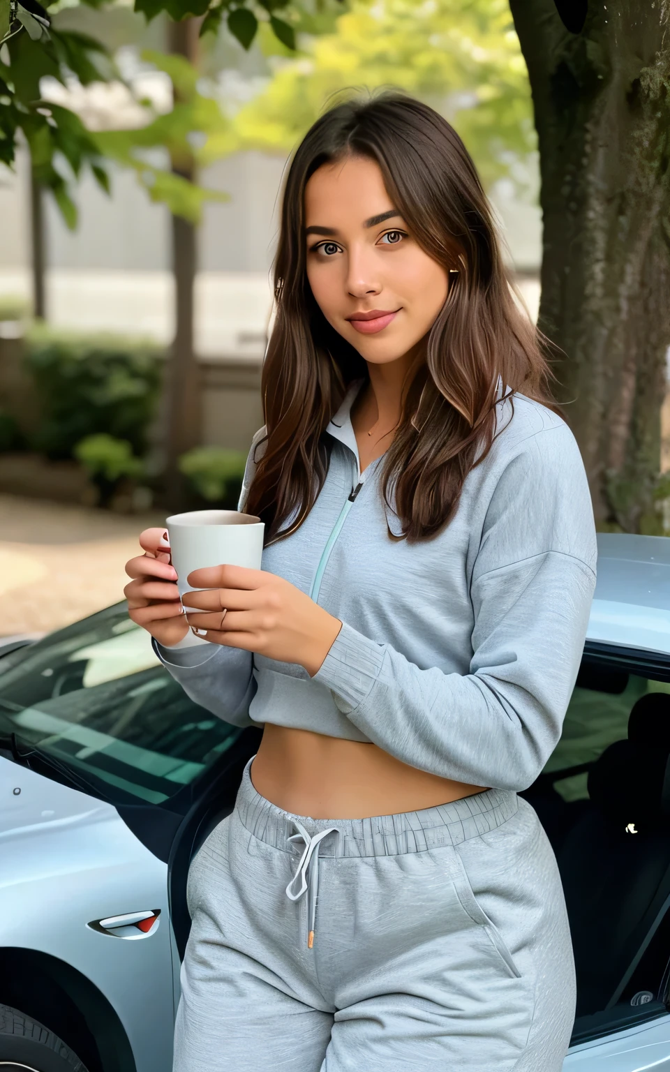 (Name): "Aurelia Charlotta"
(Age):"21 years old"
(Eyes):" light green / blue eyes"
(Hair Description): "straight chestnut brown hair"
(Activity): "Reading messages from her phone";"Drinking a Coffe";"full body";
(Unique Features):"rosy cheeks";"playful smile"
(Location): "ln a car drinking coffee"
(Light Condition): "evening sun"
(Specific Elements): "wearing grey tracksuit"

(Camera Type): "Sony A7 III"; "35mm f/1.4 lens"; "mirrorless"
(Art Style):"natural and whimsical"; "vivid colors"; "soft edges"
(additional effects):"soft vignette"; "natural bokeh"
(Resolution):"8K"; "300 DPI"; "ultra high definition";"Photo realistic"
(Technique/Software):"Adobe Lightroom"; "color enhancement"; "Photoshop retouching"
(Desired Effect);"youthful exuberance"; "pure beauty"; "charming simplicity"
